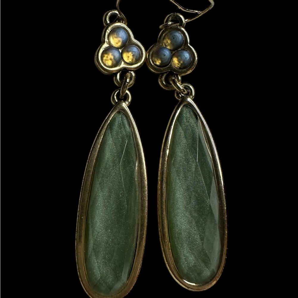 Boho Earrings Crown Premiere Designs Green Stone Drop Faux Moonstone Clover